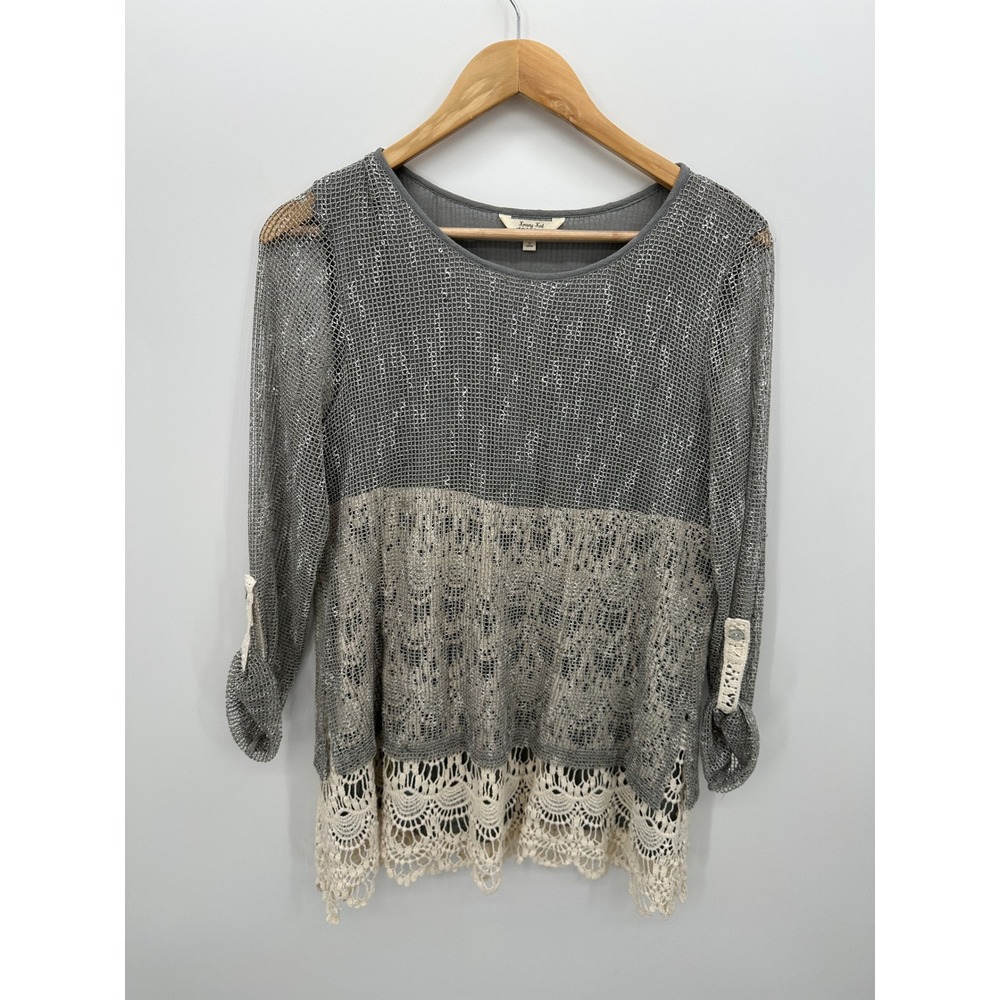 Krazy Kat Womens Sz S Gray Silver Metallic Mesh Crochet‎ Lace Trim Boho Tunic